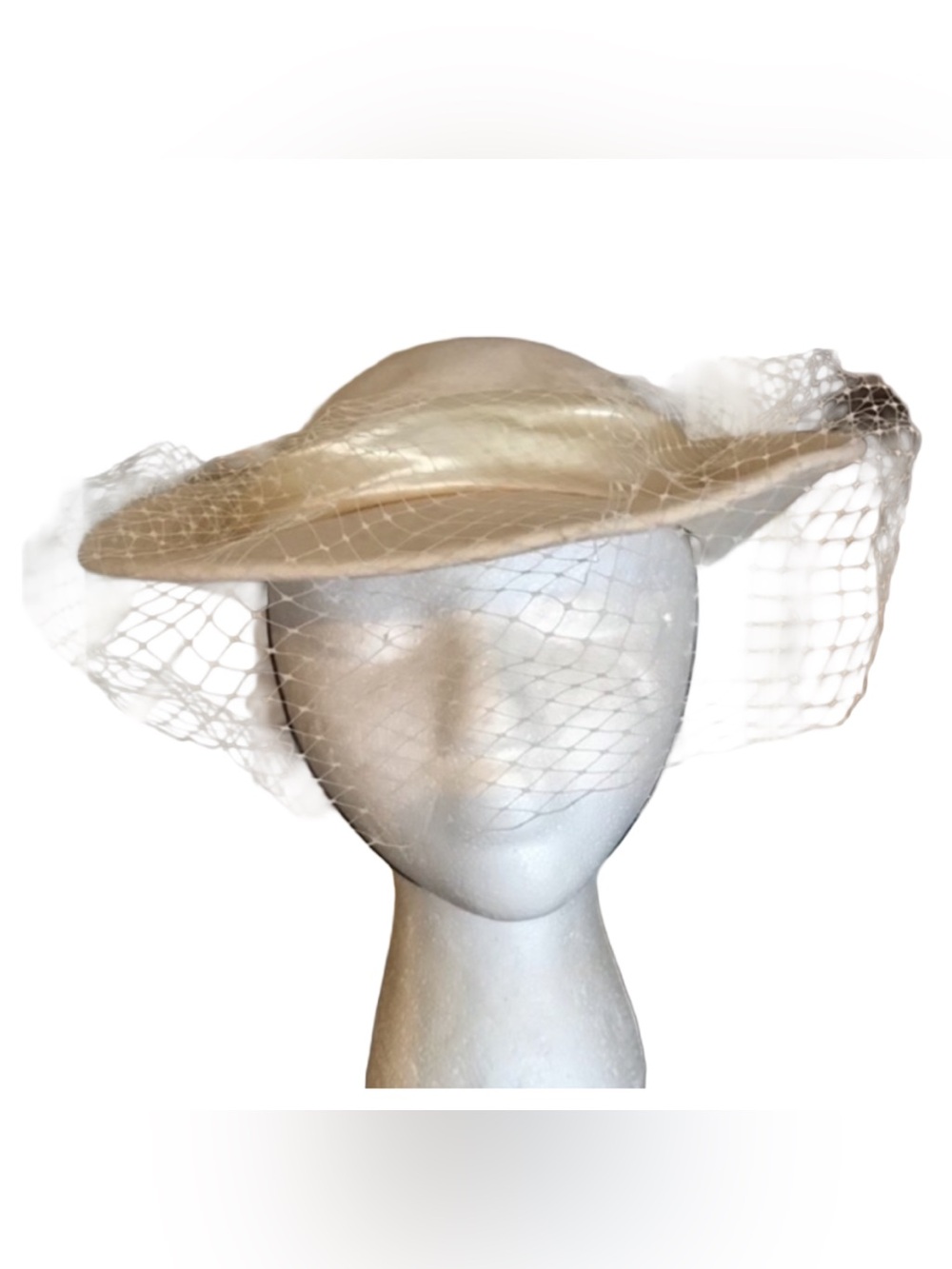 VINTAGE 1960'S MISS BIERNER CREAM WOOL HAT WITH FACE NET AND CHIN STRAP